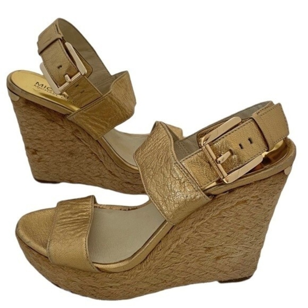 MICHAEL KORS Posey Gold Leather Espadrille Wedge Sandals Women 5.5 5" Heel G+ - Picture 5 of 12